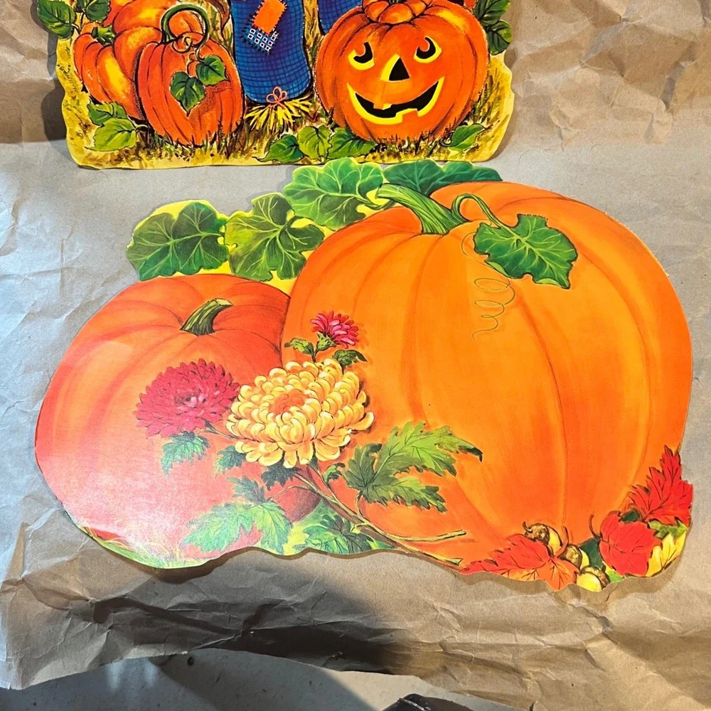 Vintage Halloween Die Cut Decorations Scarecrow Pumpkin Cat Orange Fall Lot 2pc